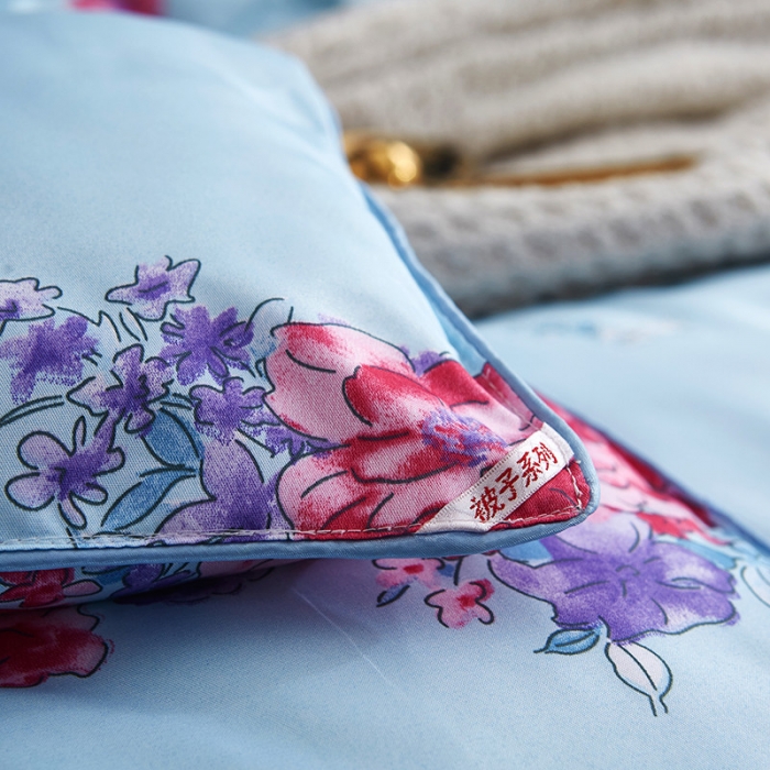 91家纺网 家纺一手货源 找家纺 百花王 蜘蛛花被印花冰丝被夏被 国色天香-蓝