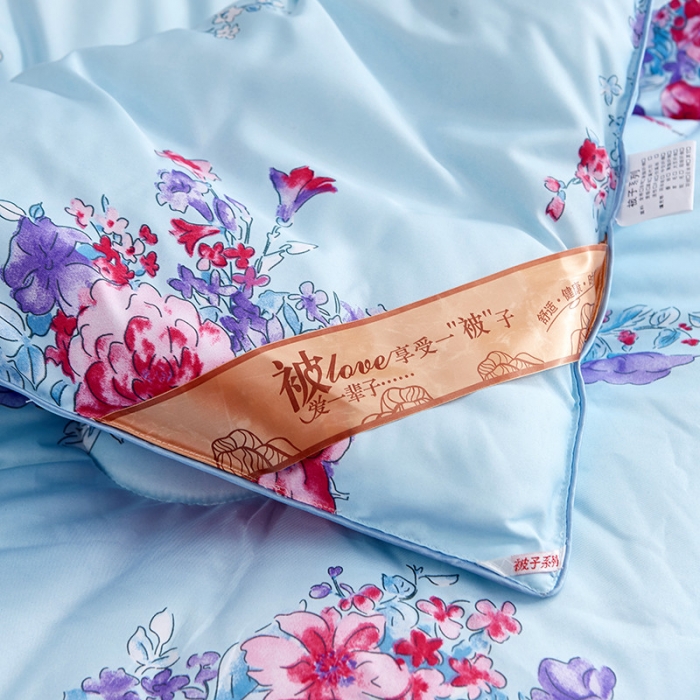 91家纺网 家纺一手货源 找家纺 百花王 蜘蛛花被印花冰丝被夏被 国色天香-蓝