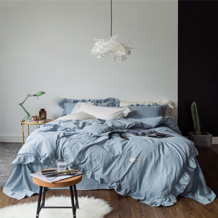 91家纺网 家纺一手货源 找家纺 （总）云上家纺 洛丽塔荷叶边色织水洗棉四件套床笠款