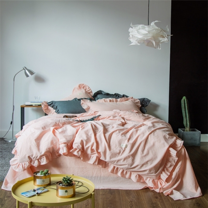 91家纺网 家纺一手货源 找家纺 （总）云上家纺 洛丽塔荷叶边色织水洗棉四件套床笠款