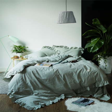 91家纺网 家纺一手货源 找家纺 （总）云上家纺 洛丽塔荷叶边色织水洗棉四件套床笠款