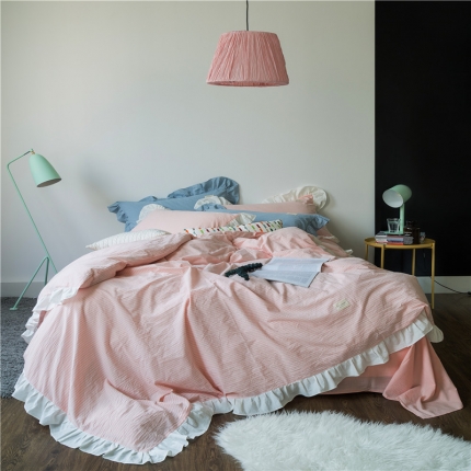 91家纺网 家纺一手货源 找家纺 （总）云上家纺 洛丽塔荷叶边色织水洗棉四件套床笠款