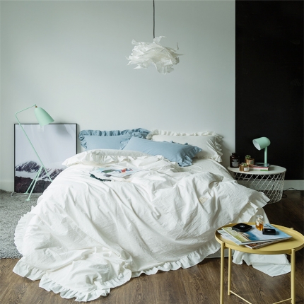 91家纺网 家纺一手货源 找家纺 （总）云上家纺 洛丽塔荷叶边色织水洗棉四件套床笠款