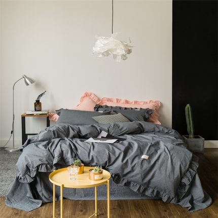 91家纺网 家纺一手货源 找家纺 （总）云上家纺 洛丽塔荷叶边色织水洗棉四件套床笠款