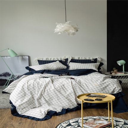 91家纺网 家纺一手货源 找家纺 （总）云上家纺 洛丽塔荷叶边色织水洗棉四件套床单款