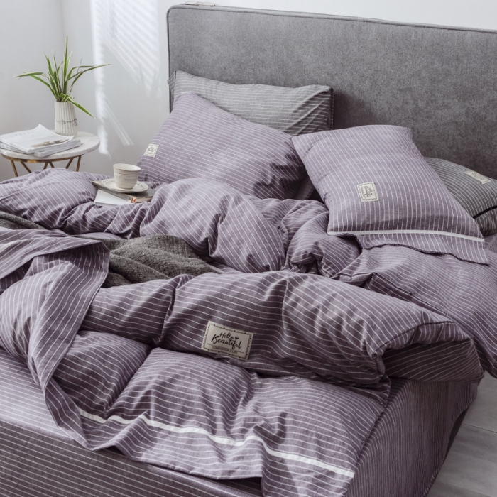 91家纺网 家纺一手货源 找家纺 爱缦 2019新款小清新水洗棉四件套 绅士-紫