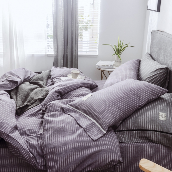 91家纺网 家纺一手货源 找家纺 爱缦 2019新款小清新水洗棉四件套 绅士-紫