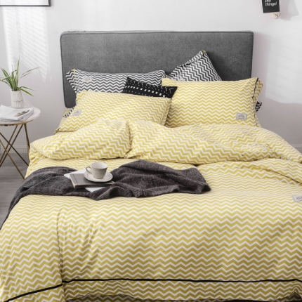 91家纺网 家纺一手货源 找家纺 爱缦 2019新款小清新水洗棉四件套 流光-黄