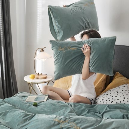 91家纺网 家纺一手货源 找家纺 爱缦 2019新款水晶绒丽丝绒绣花工艺款四件套 薄荷绿