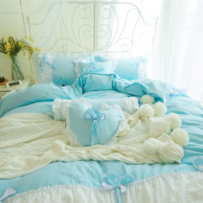 91家纺网 家纺一手货源 找家纺 淑女公社家纺 13372纯棉斜纹四件套-少女梦 天真蓝