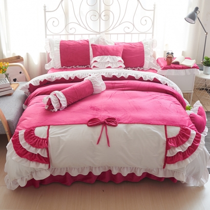 91家纺网 家纺一手货源 找家纺  淑女公社水晶绒微微公主床裙款 玫红色