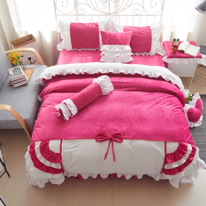 91家纺网 家纺一手货源 找家纺  淑女公社水晶绒微微公主床裙款 玫红色