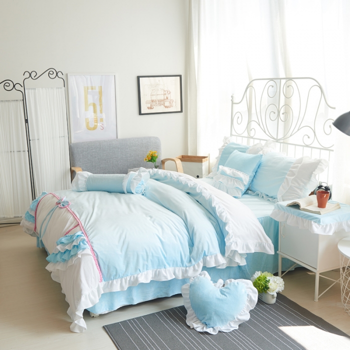 91家纺网 家纺一手货源 找家纺  淑女公社水晶绒微微公主床裙款  天蓝色