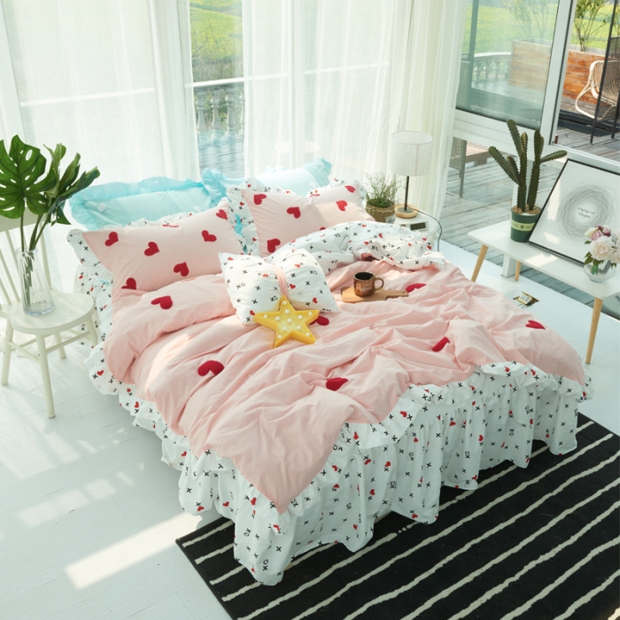 91家纺网 家纺一手货源 找家纺 淑女公社 毛巾绣水洗棉四件套床裙款 遇见-甜心粉