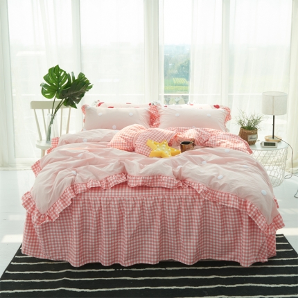 淑女公社 毛巾绣水洗棉四件套床裙款 遇见-圆点粉白格