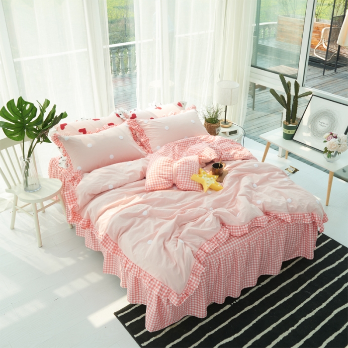 91家纺网 家纺一手货源 找家纺 淑女公社 毛巾绣水洗棉四件套床裙款 遇见-圆点粉白格