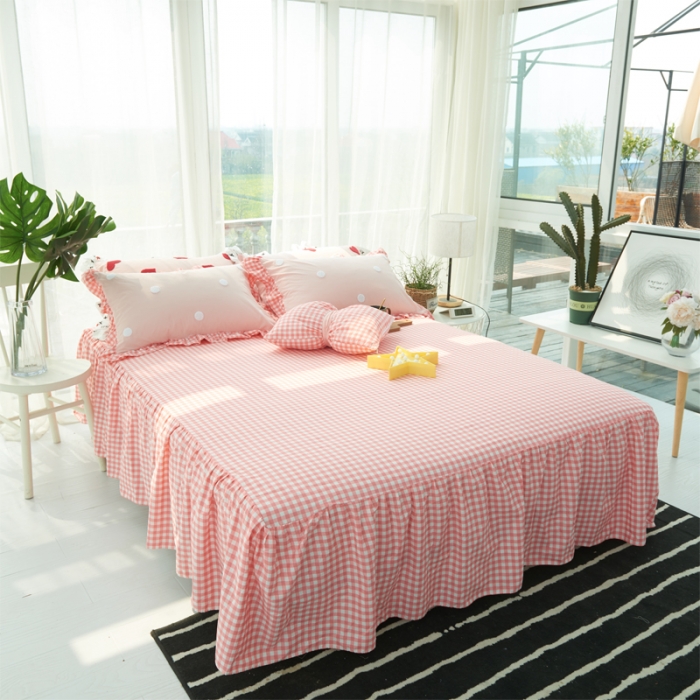 91家纺网 家纺一手货源 找家纺 淑女公社 毛巾绣水洗棉四件套床裙款 遇见-圆点粉白格