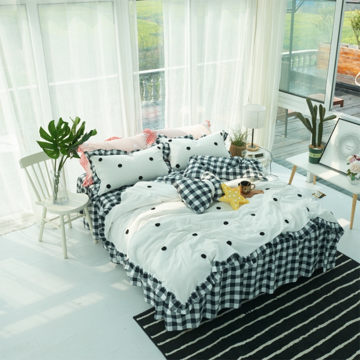 91家纺网 家纺一手货源 找家纺 淑女公社 毛巾绣水洗棉四件套床裙款 遇见-圆点黑白格