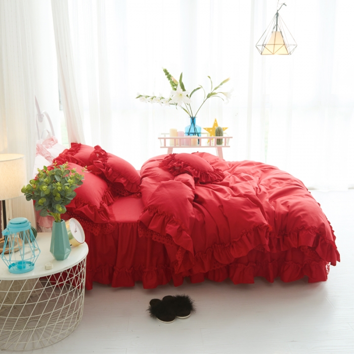 91家纺网 家纺一手货源 找家纺 淑女公社 秋冬新款纯色系-佛系少女床裙款多规格妩媚红