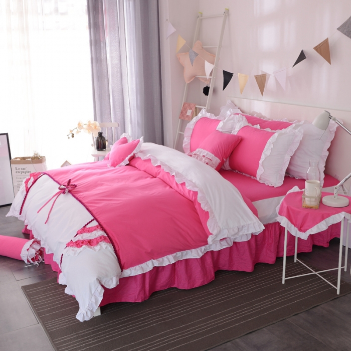 91家纺网 家纺一手货源 找家纺 淑女公社 韩版纯棉床裙款四件套-微微公主系列 玫红