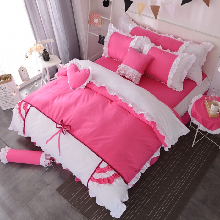 91家纺网 家纺一手货源 找家纺 淑女公社 韩版纯棉床裙款四件套-微微公主系列 玫红