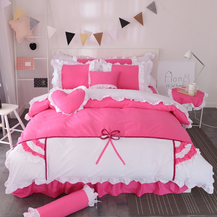 91家纺网 家纺一手货源 找家纺 淑女公社 韩版纯棉床裙款四件套-微微公主系列 玫红