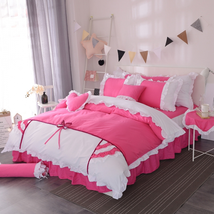 91家纺网 家纺一手货源 找家纺 淑女公社 韩版纯棉床裙款四件套-微微公主系列 玫红