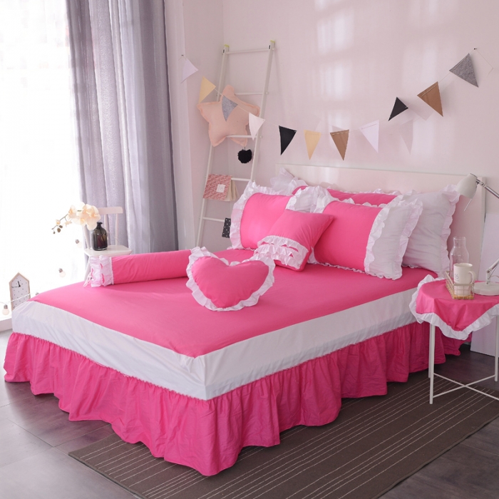 91家纺网 家纺一手货源 找家纺 淑女公社 韩版纯棉床裙款四件套-微微公主系列 玫红