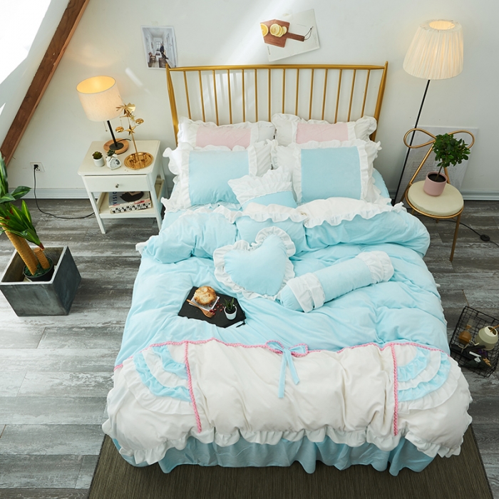 91家纺网 家纺一手货源 找家纺 淑女公社 秋冬新款水晶绒微微公主系列床裙四件套 微微公主-蓝