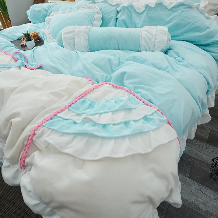 91家纺网 家纺一手货源 找家纺 淑女公社 秋冬新款水晶绒微微公主系列床裙四件套 微微公主-蓝