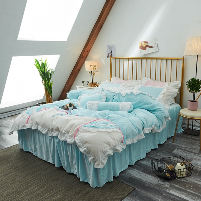 91家纺网 家纺一手货源 找家纺 淑女公社 秋冬新款水晶绒微微公主系列床裙四件套 微微公主-蓝