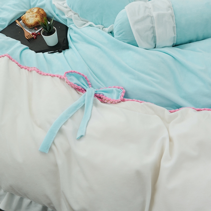 91家纺网 家纺一手货源 找家纺 淑女公社 秋冬新款水晶绒微微公主系列床裙四件套 微微公主-蓝