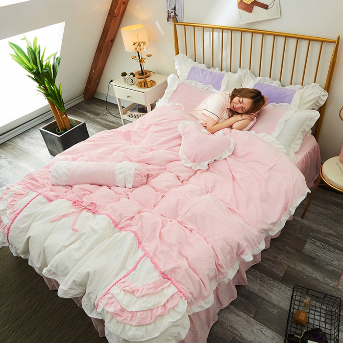 91家纺网 家纺一手货源 找家纺 淑女公社 秋冬新款水晶绒微微公主系列床裙四件套 微微公主-粉