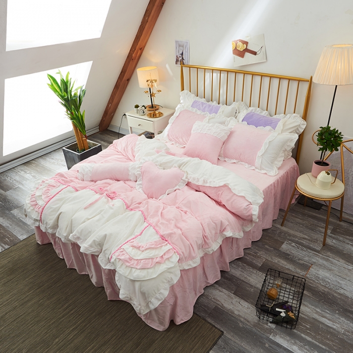 91家纺网 家纺一手货源 找家纺 淑女公社 秋冬新款水晶绒微微公主系列床裙四件套 微微公主-粉