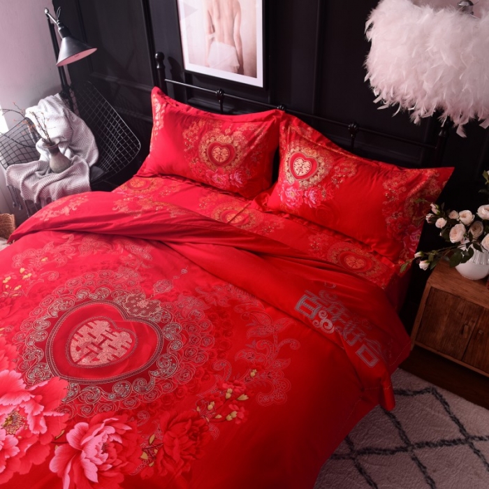 91家纺网 家纺一手货源 找家纺 甜之梦家纺 2025新款全棉磨毛四件套 百年好合-红