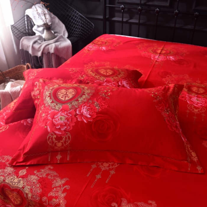 91家纺网 家纺一手货源 找家纺 甜之梦家纺 2025新款全棉磨毛四件套 百年好合-红