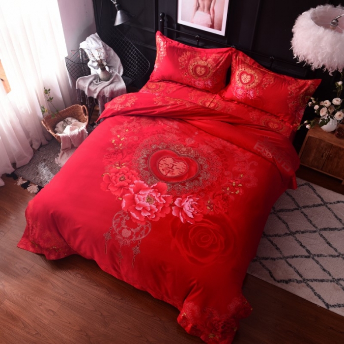 91家纺网 家纺一手货源 找家纺 甜之梦家纺 2025新款全棉磨毛四件套 百年好合-红