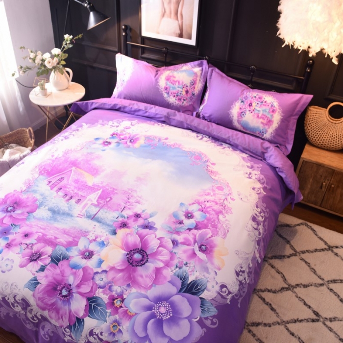 91家纺网 家纺一手货源 找家纺 甜之梦家纺 2025新款全棉磨毛四件套 世外桃园-紫