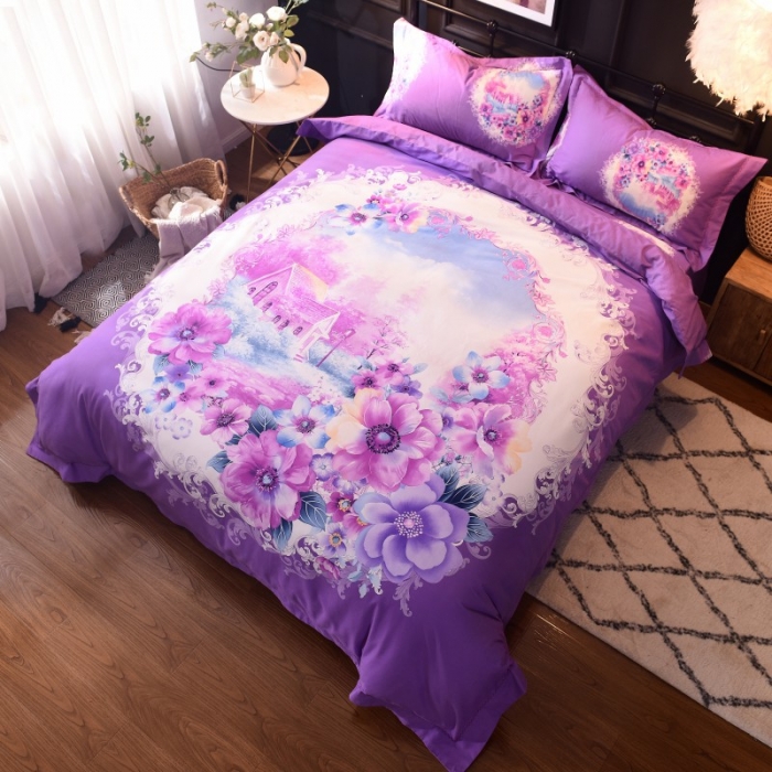 91家纺网 家纺一手货源 找家纺 甜之梦家纺 2025新款全棉磨毛四件套 世外桃园-紫