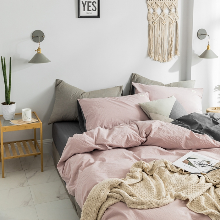 91家纺网 家纺一手货源 找家纺 蓝巢家纺 2019新品加厚水洗棉双拼款四件套 豆沙深灰