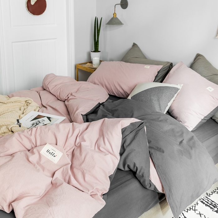 91家纺网 家纺一手货源 找家纺 蓝巢家纺 2019新品加厚水洗棉双拼款四件套 豆沙深灰