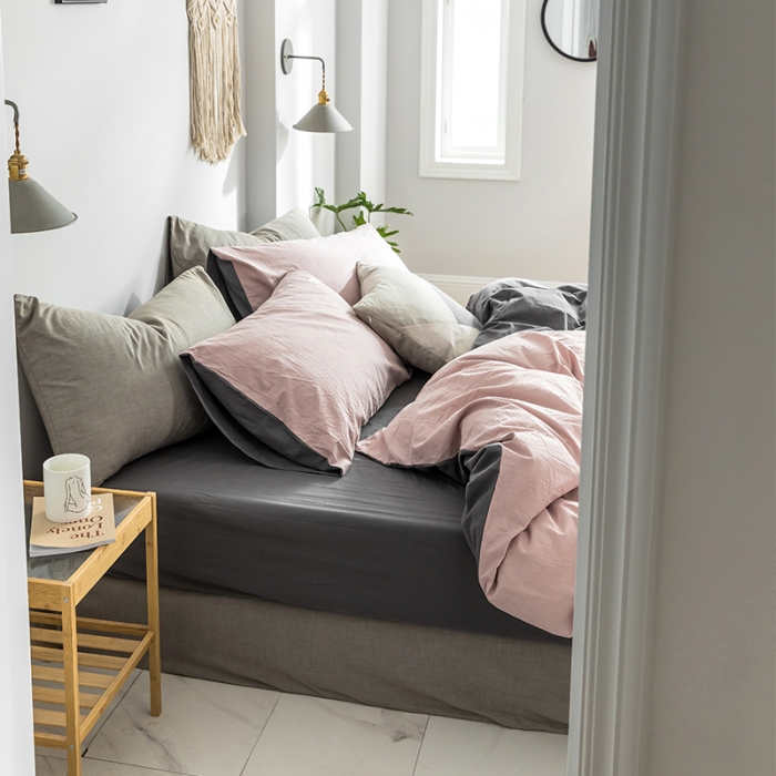 91家纺网 家纺一手货源 找家纺 蓝巢家纺 2019新品加厚水洗棉双拼款四件套 豆沙深灰