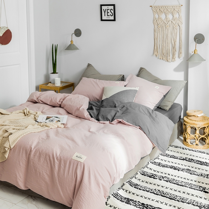 91家纺网 家纺一手货源 找家纺 蓝巢家纺 2019新品加厚水洗棉双拼款四件套 豆沙深灰