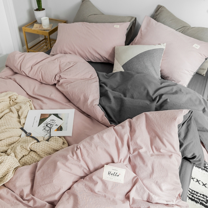 91家纺网 家纺一手货源 找家纺 蓝巢家纺 2019新品加厚水洗棉双拼款四件套 豆沙深灰