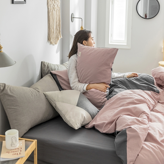 91家纺网 家纺一手货源 找家纺 蓝巢家纺 2019新品加厚水洗棉双拼款四件套 豆沙深灰