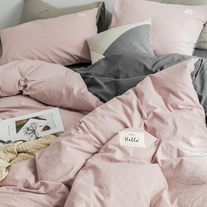 91家纺网 家纺一手货源 找家纺 蓝巢家纺 2019新品加厚水洗棉双拼款四件套 豆沙深灰