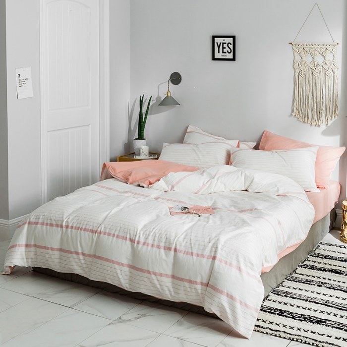 91家纺网 家纺一手货源 找家纺 蓝巢家纺 2019新品加厚水洗棉双拼款四件套贝拉粉