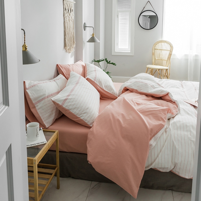 91家纺网 家纺一手货源 找家纺 蓝巢家纺 2019新品加厚水洗棉双拼款四件套贝拉粉