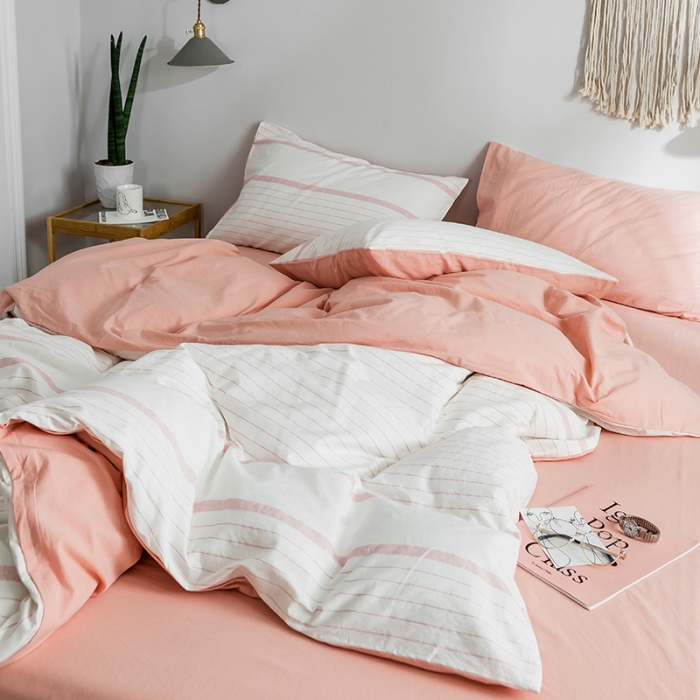 91家纺网 家纺一手货源 找家纺 蓝巢家纺 2019新品加厚水洗棉双拼款四件套贝拉粉