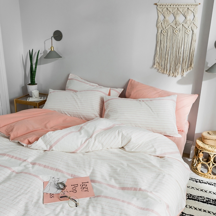 91家纺网 家纺一手货源 找家纺 蓝巢家纺 2019新品加厚水洗棉双拼款四件套贝拉粉